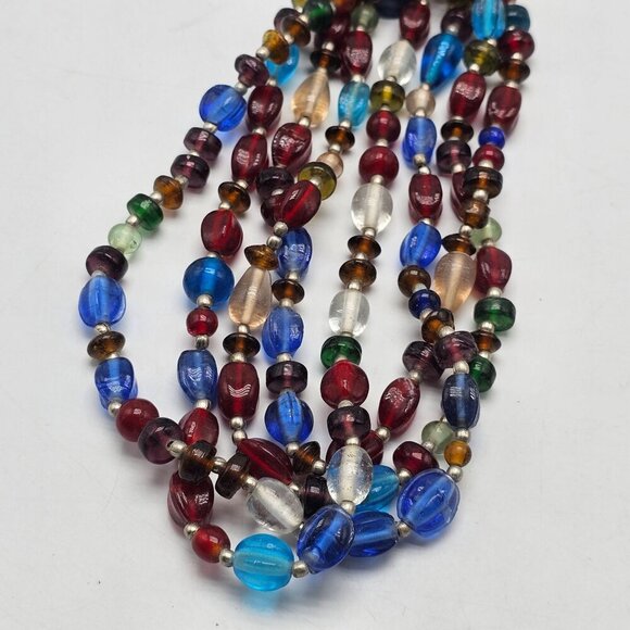 Abstract Boho Multicolor Beaded Necklace With Glass Beads Metal Accents - Picture 7 of 8